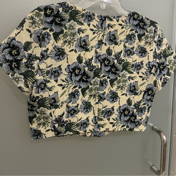 NEW En Saison Jacquard vintage fall floral green blue crop blouse - Picture 9 of 10
